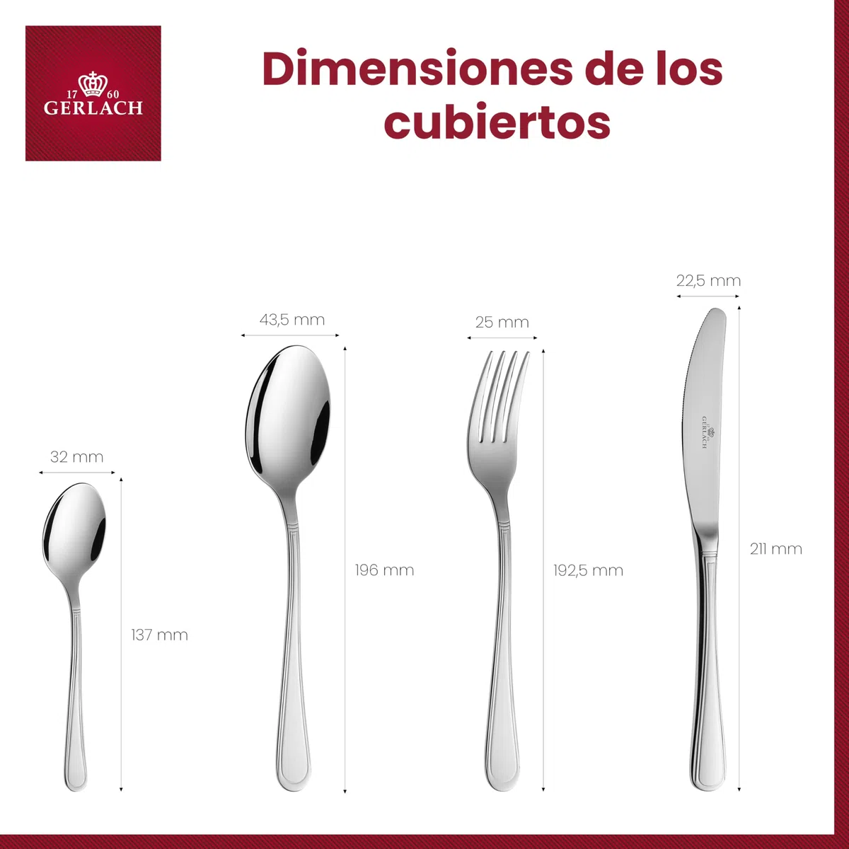 Gerlach - Cubertería Mate Antica, Acero Inoxidable, Plata, 50 x 37 x 10 cm, 68 Unidades