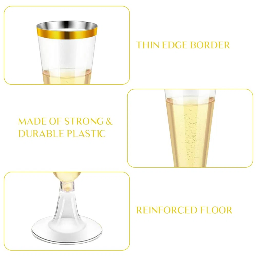 Copas de Champán de Plástico con Borde Dorado, 10 Piezas Juego de Copas de Champán de Plástico, Copas Reutilizables Copa Plastico, Copas de Cava Plastico paraBodas, Cumpleaños y Fiestas (150ml)