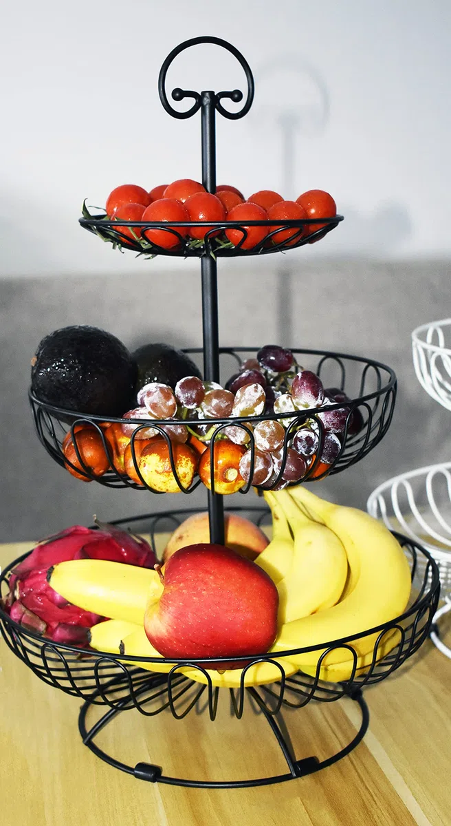 Azatemgo Cesta de Frutas Metal - Elegante Soporte 3 Niveles, Capacidad Extra, Fruteros Modernos de Cocina, Negro 30 x 45 cm