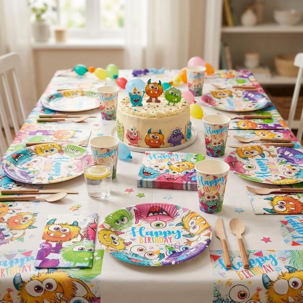 Set de cumpleaños Funny Monsters para fiestas, platos, vasos, servilletas, mantel, 31 piezas