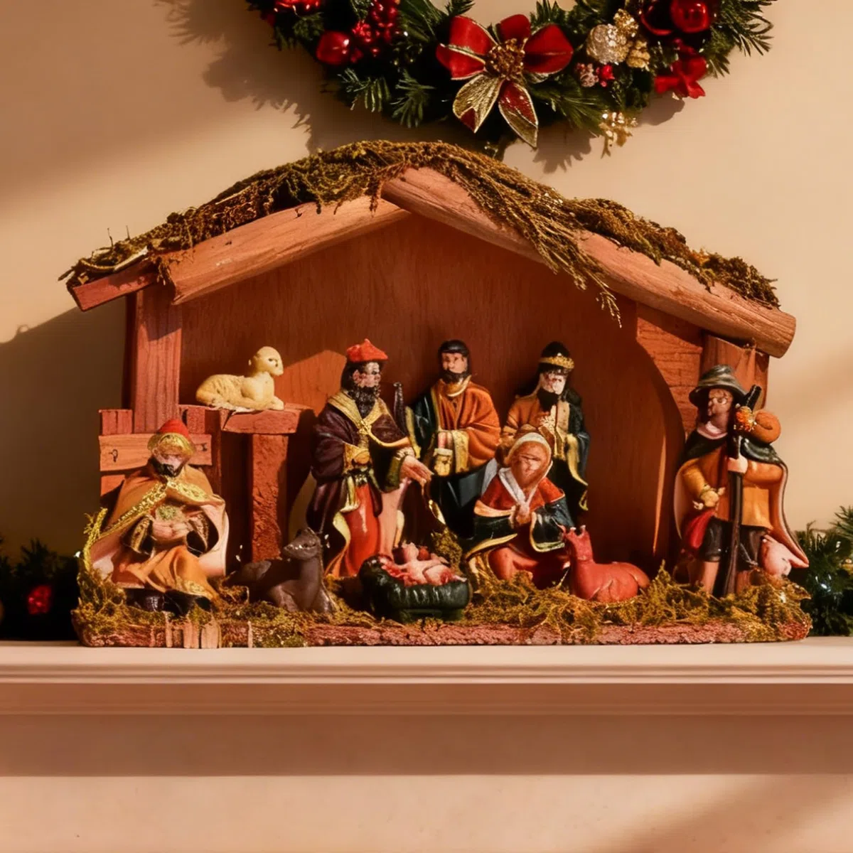 Juego de belén de Navidad - Figuras religiosas de belén de la familia sagrada como centro de atención, belén de madera | Para la mesa de interior para el hogar para la chimenea para la