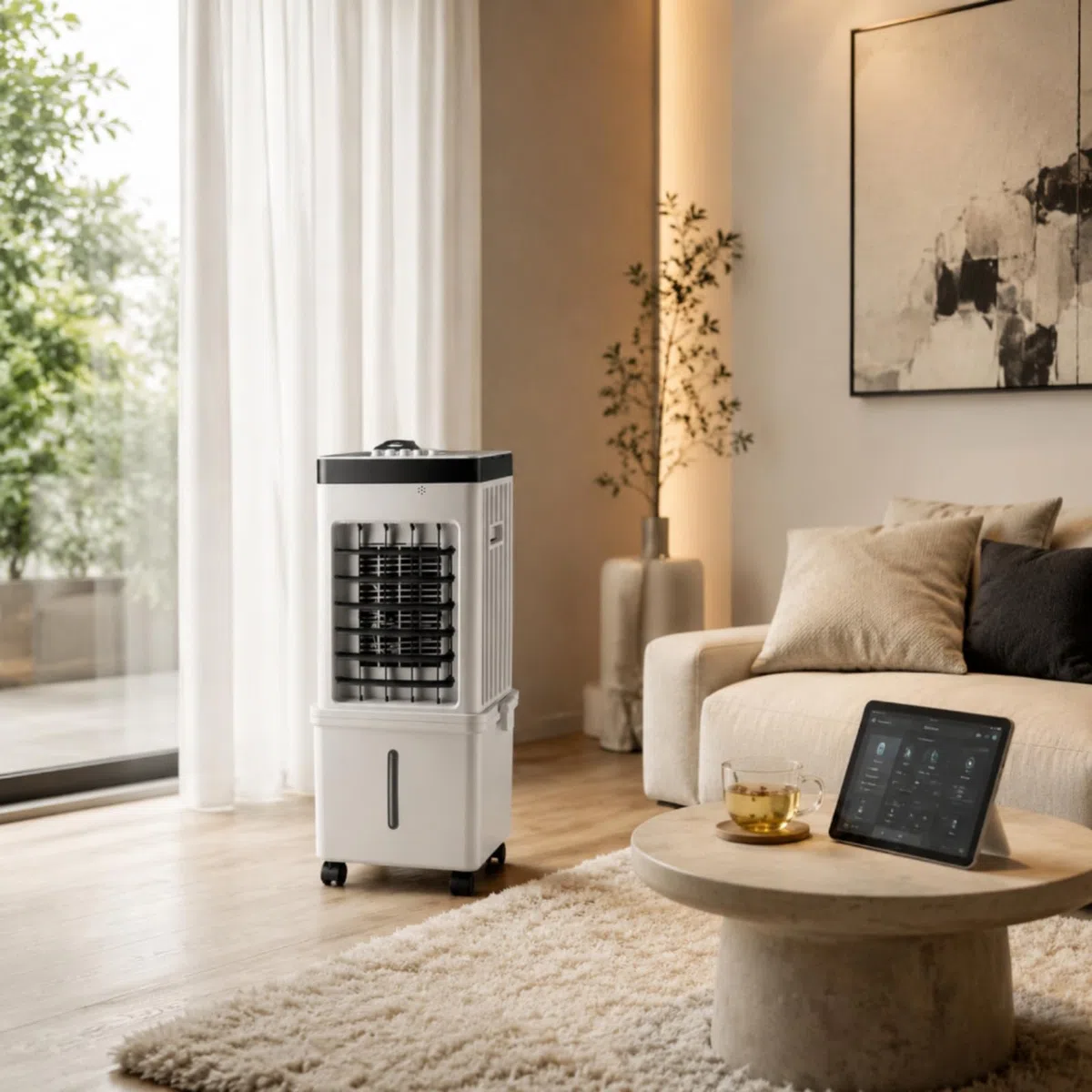 Ventilador de Refrigeración para Hogar Portátil de Aire Climatizador Ventilador de Torre con Depósito de Agua y Ruedas Giratorias Adecuado para Salón Dormitorio Oficina