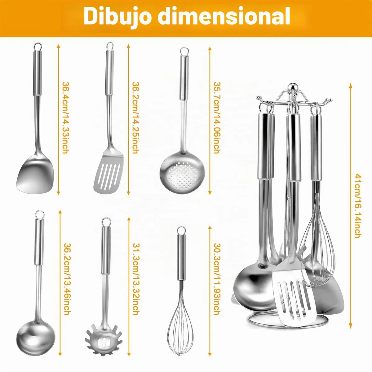 7 piezas utensilios de cocina acero inoxidable - mango para colgar, utensilios de cocina con 2 espátula, cucharón, espumadera, batidor, Cuchara para espaguetis, soporte
