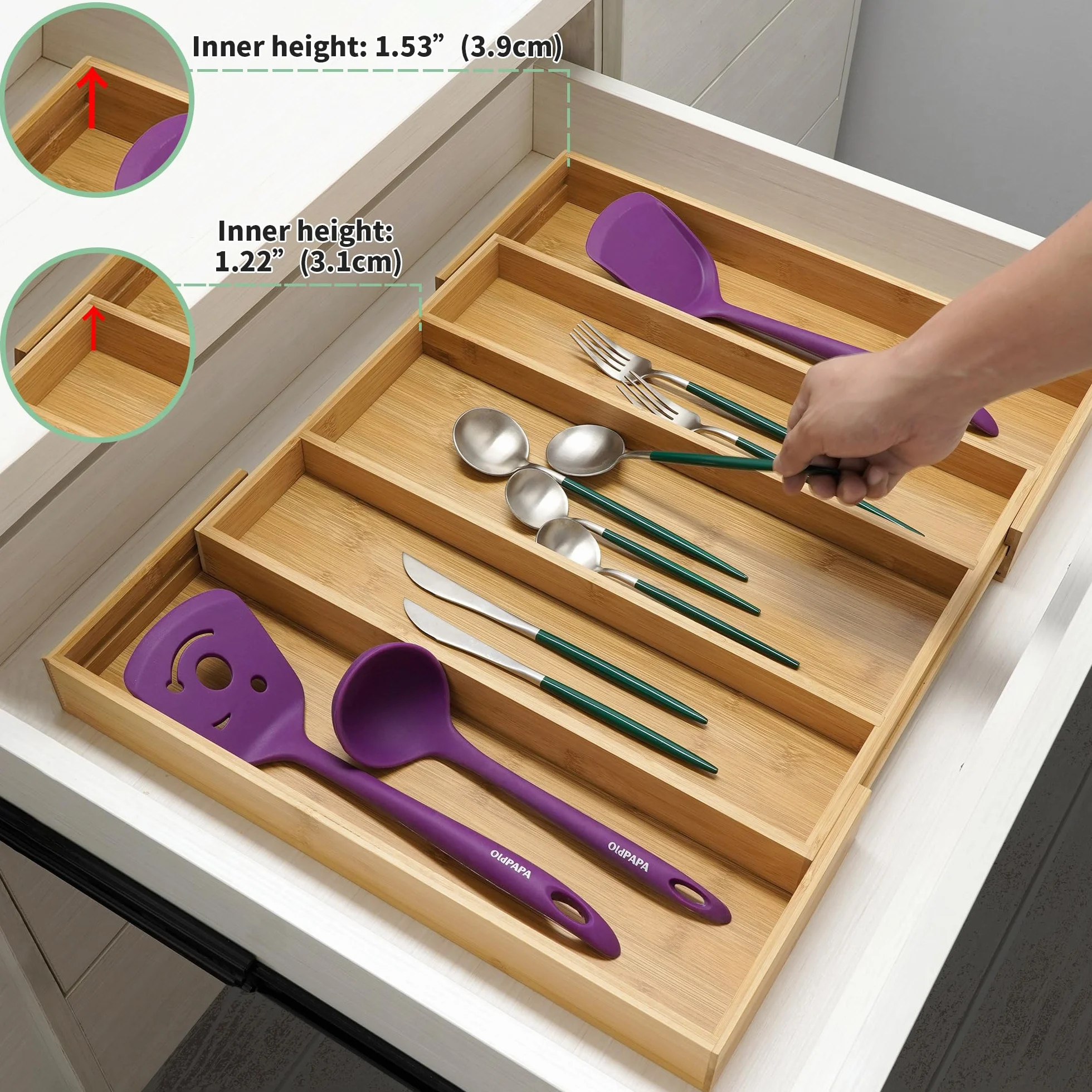 Utoplike Bandeja de Bambú para Cubiertos, Organizador Extensible para Cajón de Utensilios, Porta Cubiertos, Porta Herramientas para Cocina, Dormitorio, Sala de Estar