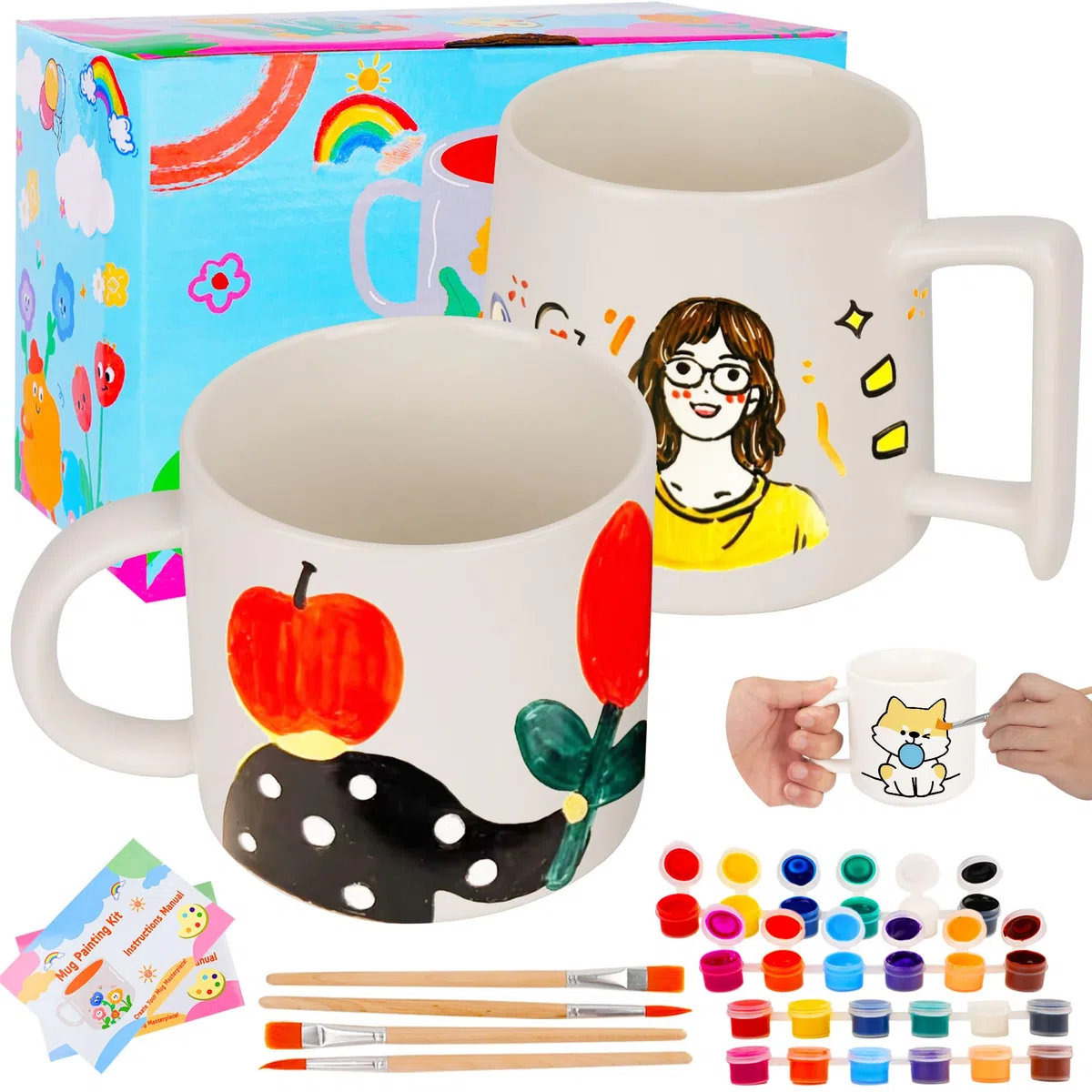 Vuxava Kit para Pintar Tazas de Cerámica – Taza Personalizada DIY con Pintura y Pinceles – Manualidades Creativas para Adultos y Niños – Idea de Regalo para Cumpleaños o Navidad