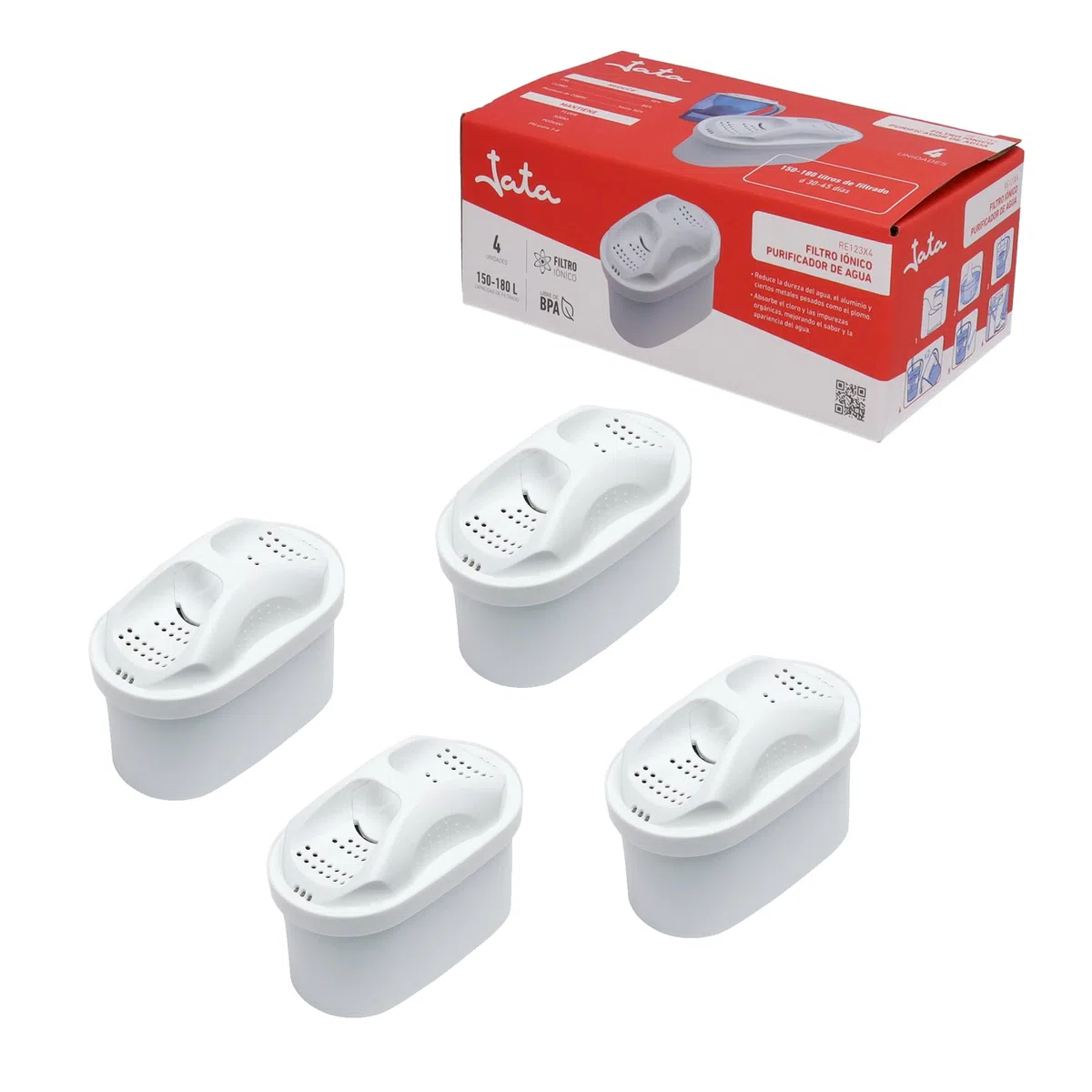 JATA HOGAR RE123X4 - Filtro Agua Grifo. Filtros para Jarra de Agua. Pack de 4 unidades. Iónicos. Mejora la calidad y el sabor del agua. Mantiene minerales esenciales
