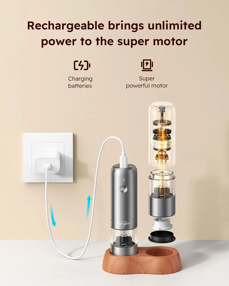 Sangcon Mini Molinillo Eléctrico de Sal y Pimienta con Base de Madera, Recargable USB, Pequeño Molinillo Pimienta Automático, para Viajes/Barbacoa/Niños, Control con un Botón (Acero Inoxidable)