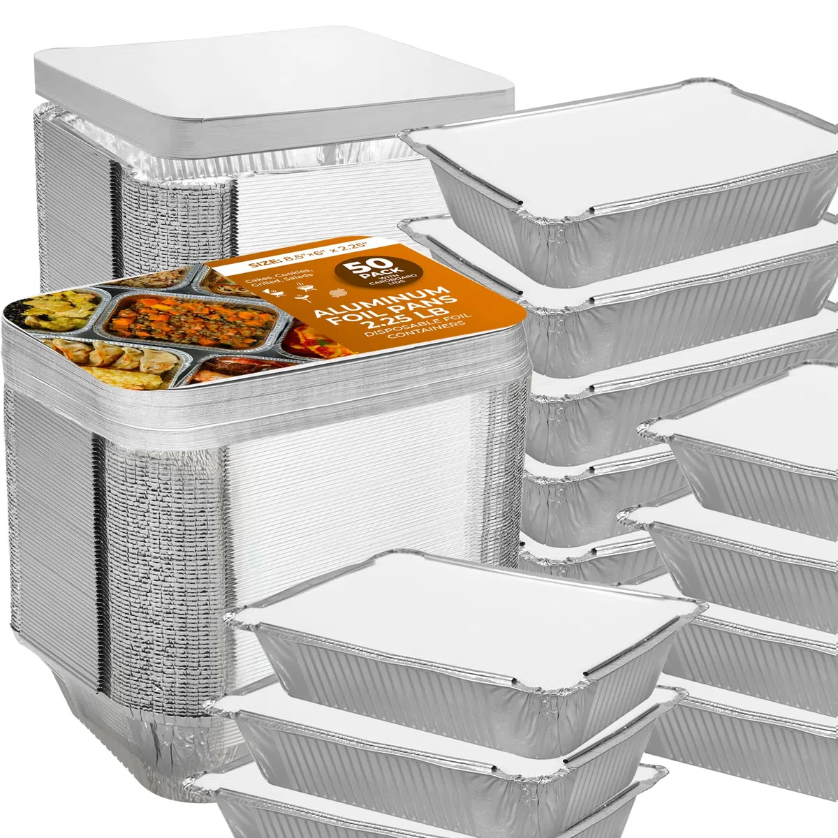Sartenes de aluminio con tapas [8.5 x 6 pulgadas – 50 juegos] Contenedores de alimentos desechables con tapas, recipientes de preparación de comidas para congelador, sartenes de aluminio con cubiertas