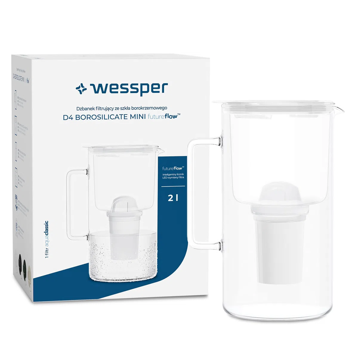 Wessper Jarra Filtrante de Vidrio con cartuchos filtrantes para Agua Potable de 2 l, Jarra filtrada con Contador Inteligente, Kit que Incluye 1 filtro de Carbón Activo- Blanco