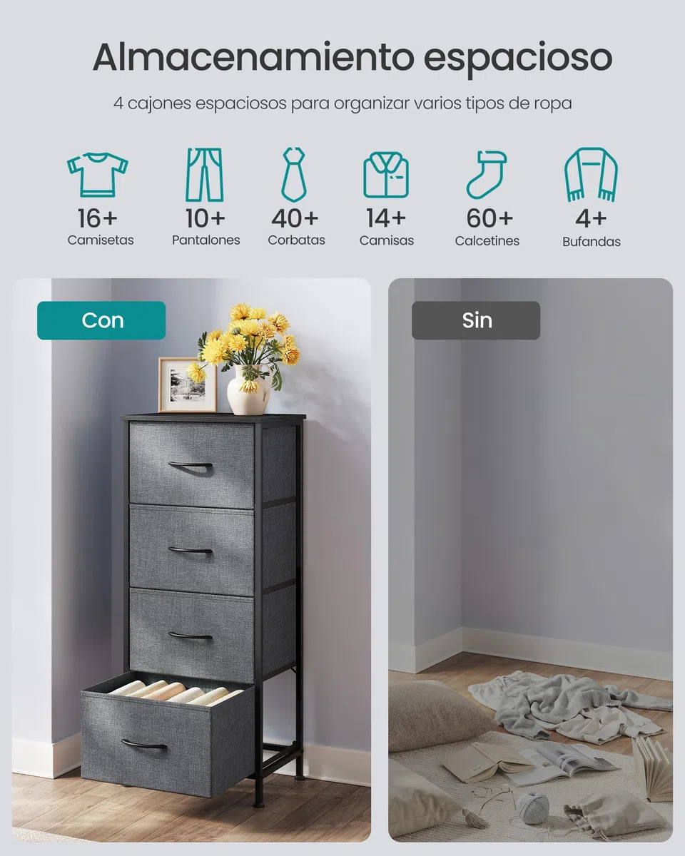 SONGMICS BELLAH Colección - Cómoda, Unidad de Almacenamiento, para Dormitorio, Armario, Pasillo, Salón, Acero, 4 Cajones, Moderno, Gris Pizarra LGS314G101