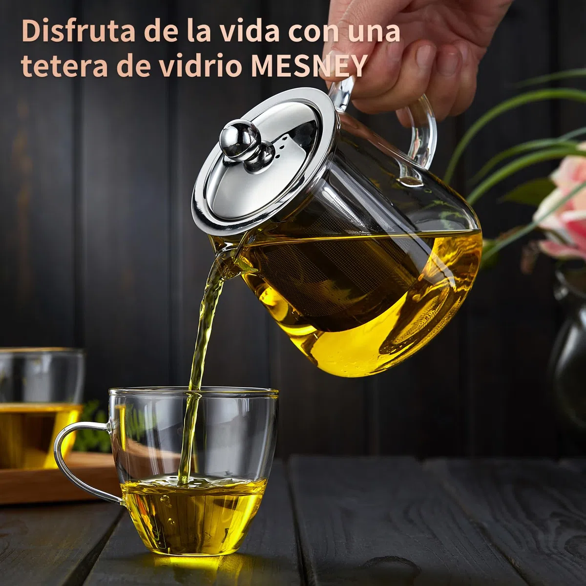 MESNEY Tetera de vidrio de borosilicato con mango resistente al calor, infusor de malla de acero inoxidable, apta para hojas sueltas y té floreciente
