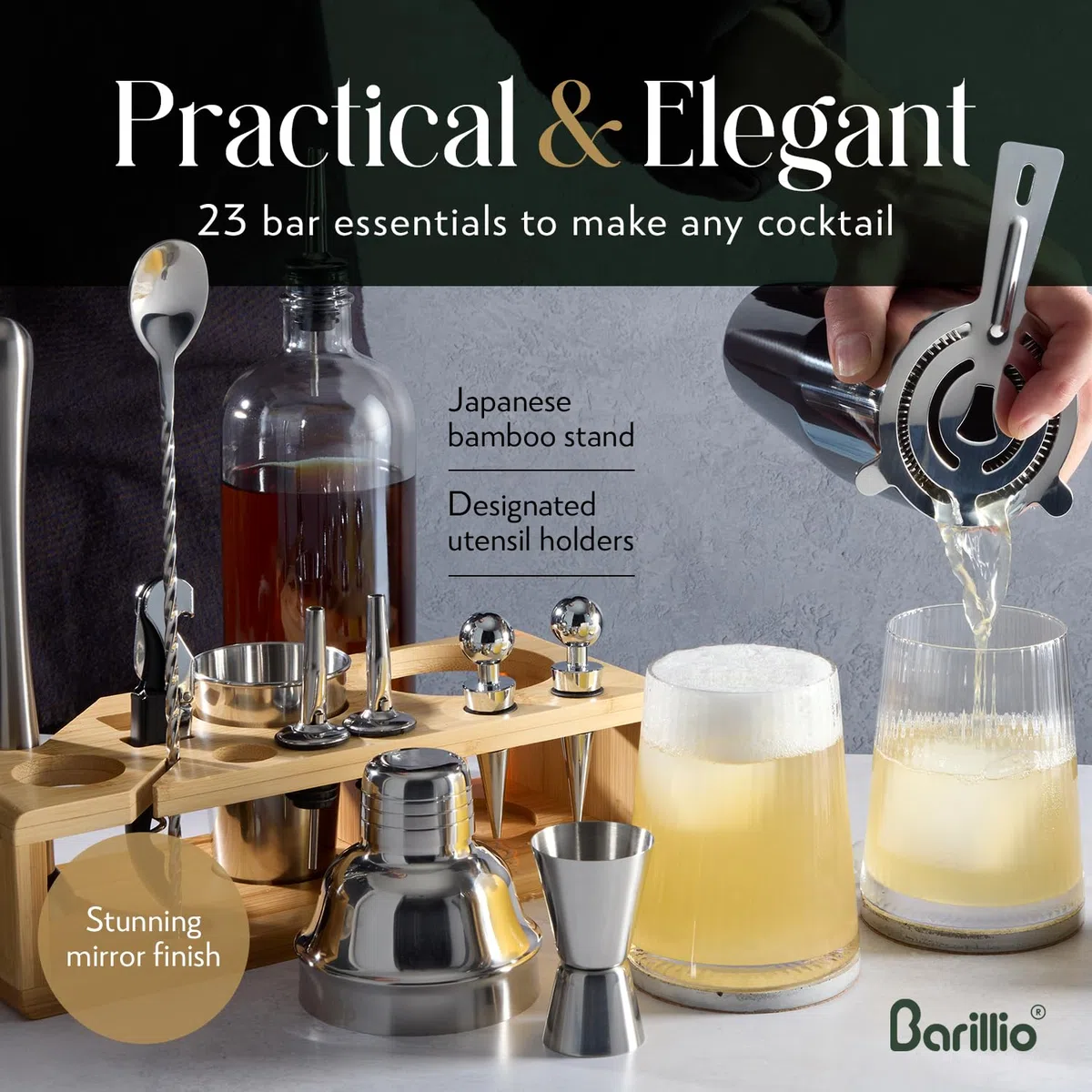Barillio Elite Mixology - Juego de coctelera para Barman con Herramientas de Barra, Elegante Soporte de bambú, Bolsa de Transporte de Terciopelo y folleto de Recetas