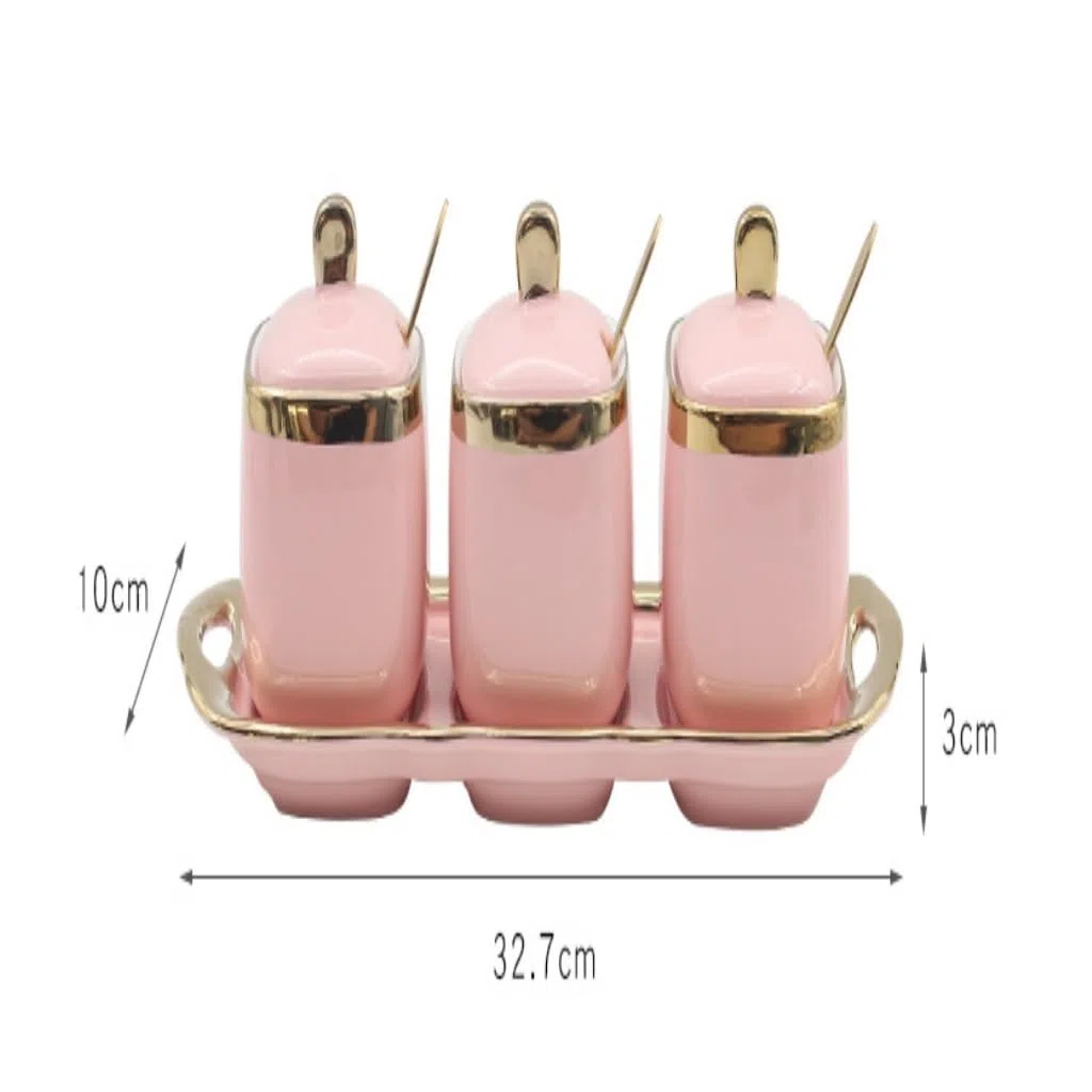 SAeWare Tarro de condimentos, contenedor de especias de cerámica, tarro de condimentos, salero, botella de condimentos, tarro de azúcar, caja de condimentos, encimera de cocina, rosa, 3 piezas
