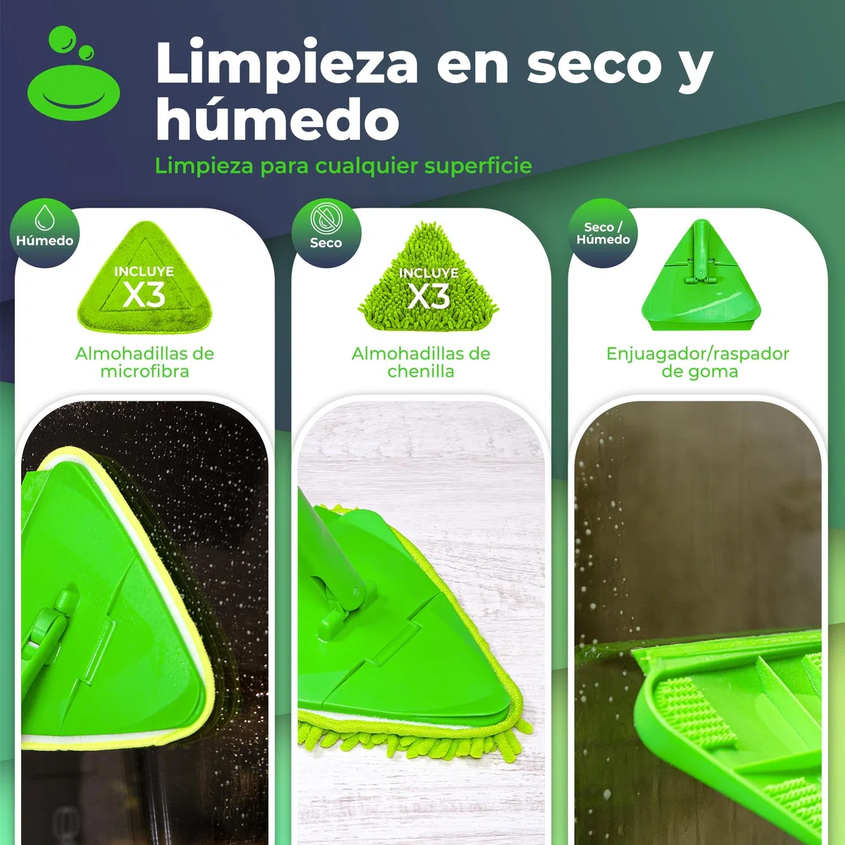 Mopa para Limpiar Azulejos y Paredes + Rasqueta Limpia Cristales | Trapeador Giratorio 360 | Mango Ajustable hasta 2,08 Metros | 6 Almohadillas de Chenilla y Microfibra (MOPA+RASQUETA)