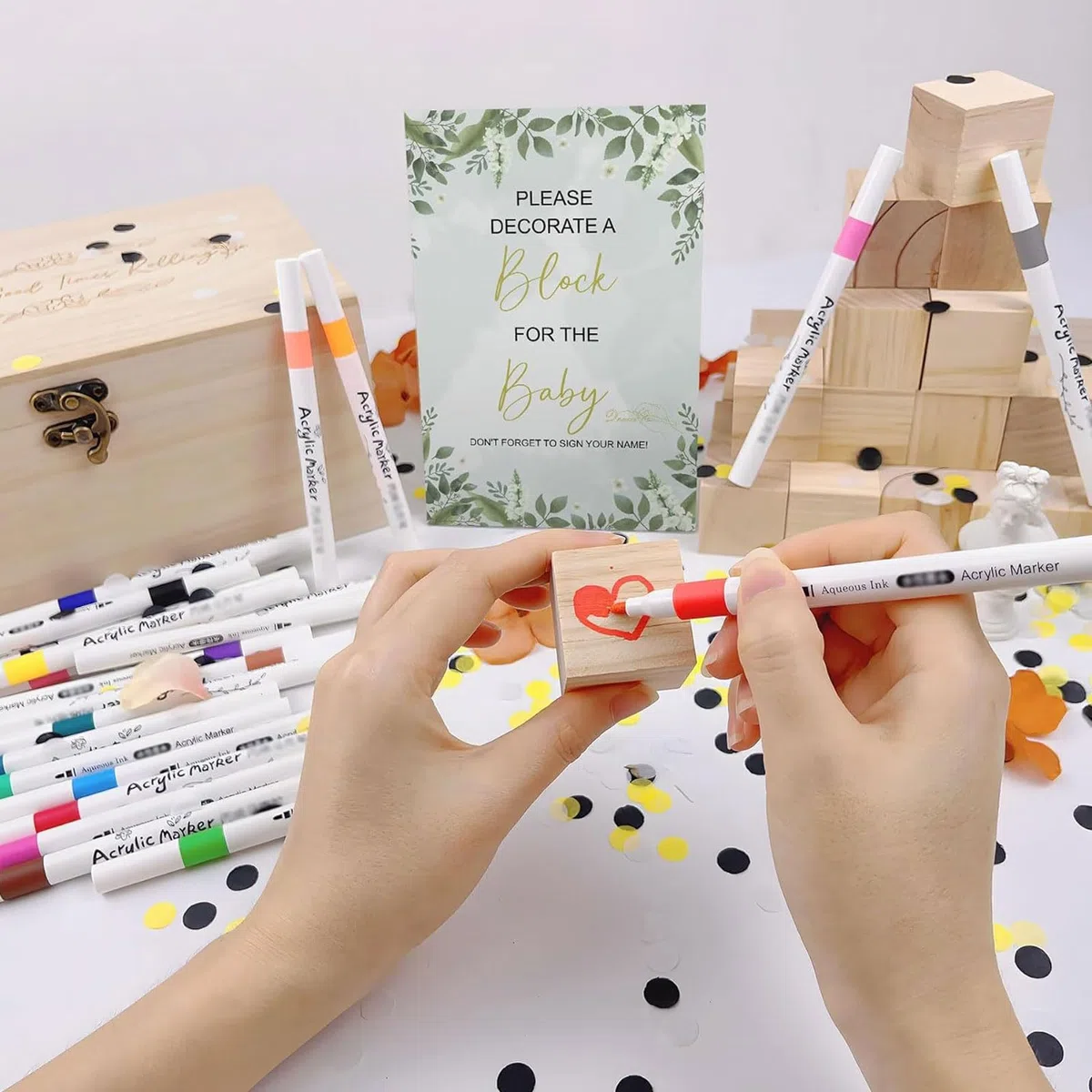Brrnoo Juego de Bloques para Baby Shower con 48 Bloques de Madera, 12 Bolígrafos de Colores, 42 Plantillas, Caja de Madera para Fiesta de bebé, Revelación de Género, Celebración d