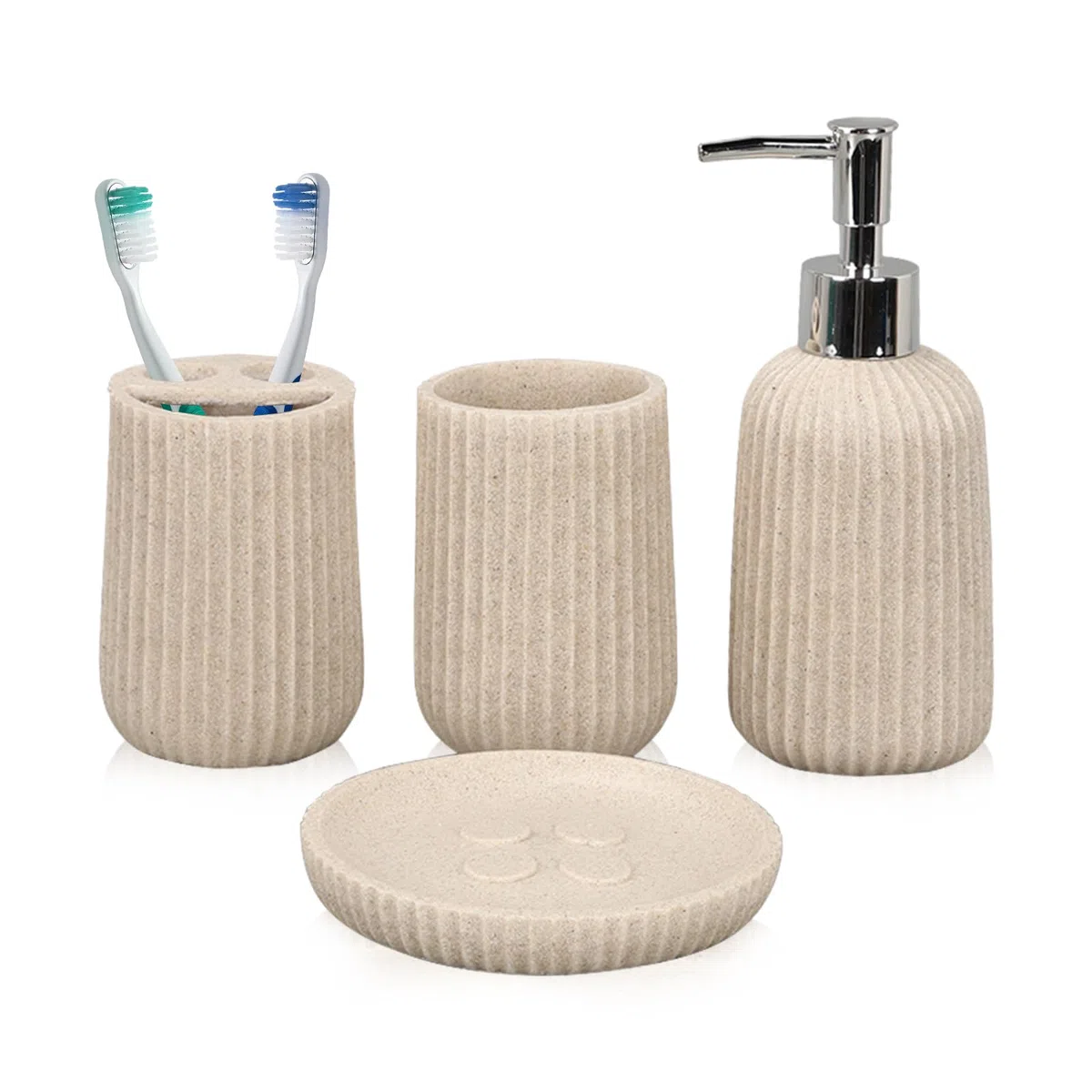 Tefola Juego de Baño de Resina de - 4 Piezas - Botella de Loción de 250 ml, Vaso para Enjuague Bucal, Soporte para Cepillo de Dientes, Jabonera - Juego de Accesorios de Baño - Beige
