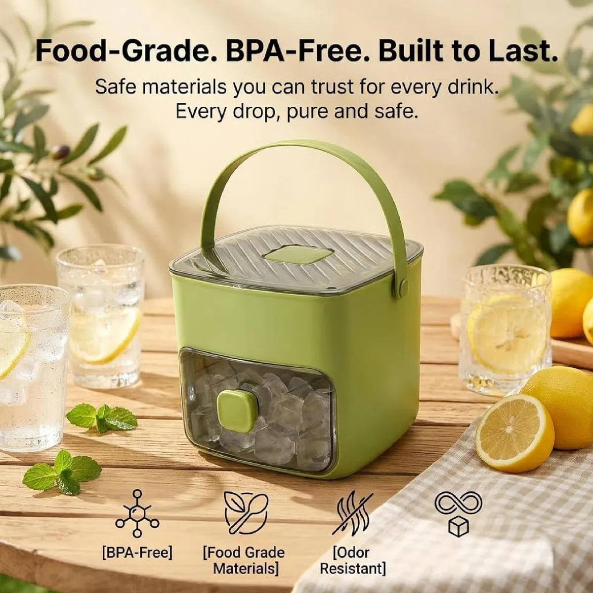 Máquina para hacer 48 cubitos de hielo con bolsa de transporte y pinzas para hielo, caja portátil para moldear, bandeja de doble capa y contenedor/tapa de fácil presión, para acampar, RV, fiest green