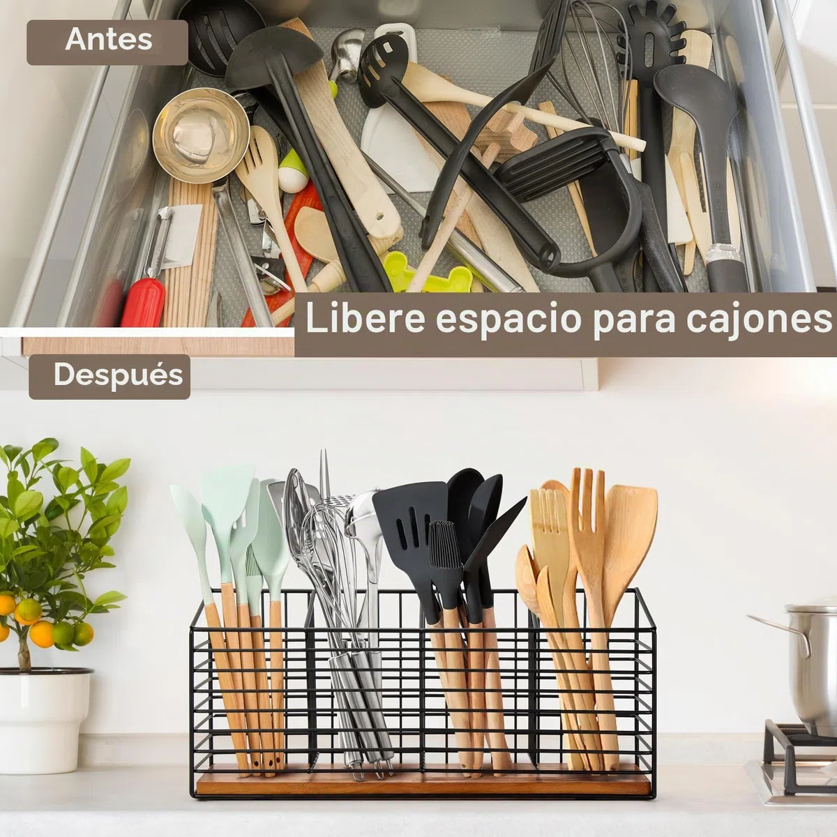 THYGIFTREE Soporte para utensilios para encimera de cocina, organizador de utensilios de cocina de metal negro con base de madera, utensilios de granja para encimera