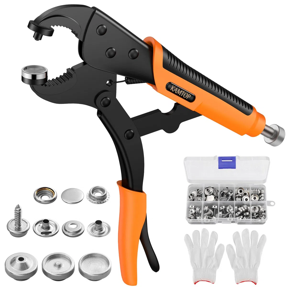 Kamtop Kit de Corchetes de Presión de 30 Pares con Alicates Botones a Presión Metálicos con 3 Bases Intercambiables Guantes para Hacer Agujeros en Cuero Cinturones Lona Vaqueros