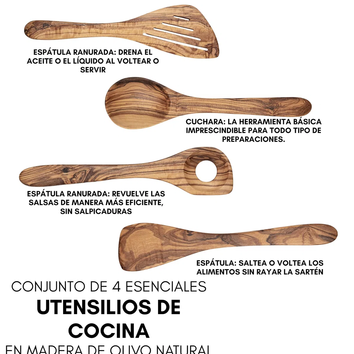Erreke Utensilios de Cocina en Madera de Olivo Natural, Set de 4, Elegante | Juego de Utensilios de Cocina. Cuchara Madera. Espátula Cocina. Hecho a Mano. Estilo Mediterraneo. Para Cocina y Mesa