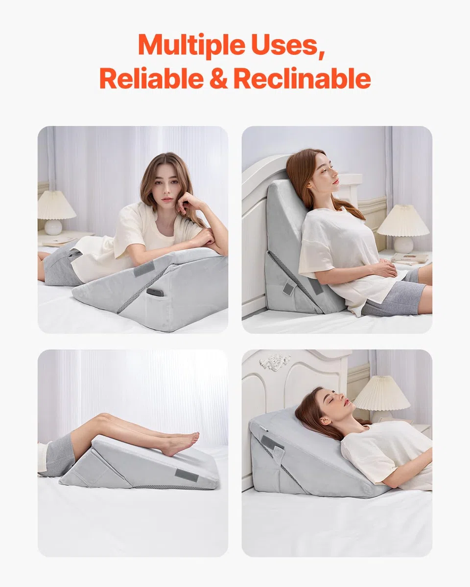VEVOR Almohada de Cuña Ajustable, Ortopédica, Espuma de Alta Densidad 25D con Funda Suave y Lavable, Soporte Cómodo y Diseño Inclinado, Gris Claro, 56 x 56 x 30,5 cm para Leer, Televisión, Computadora