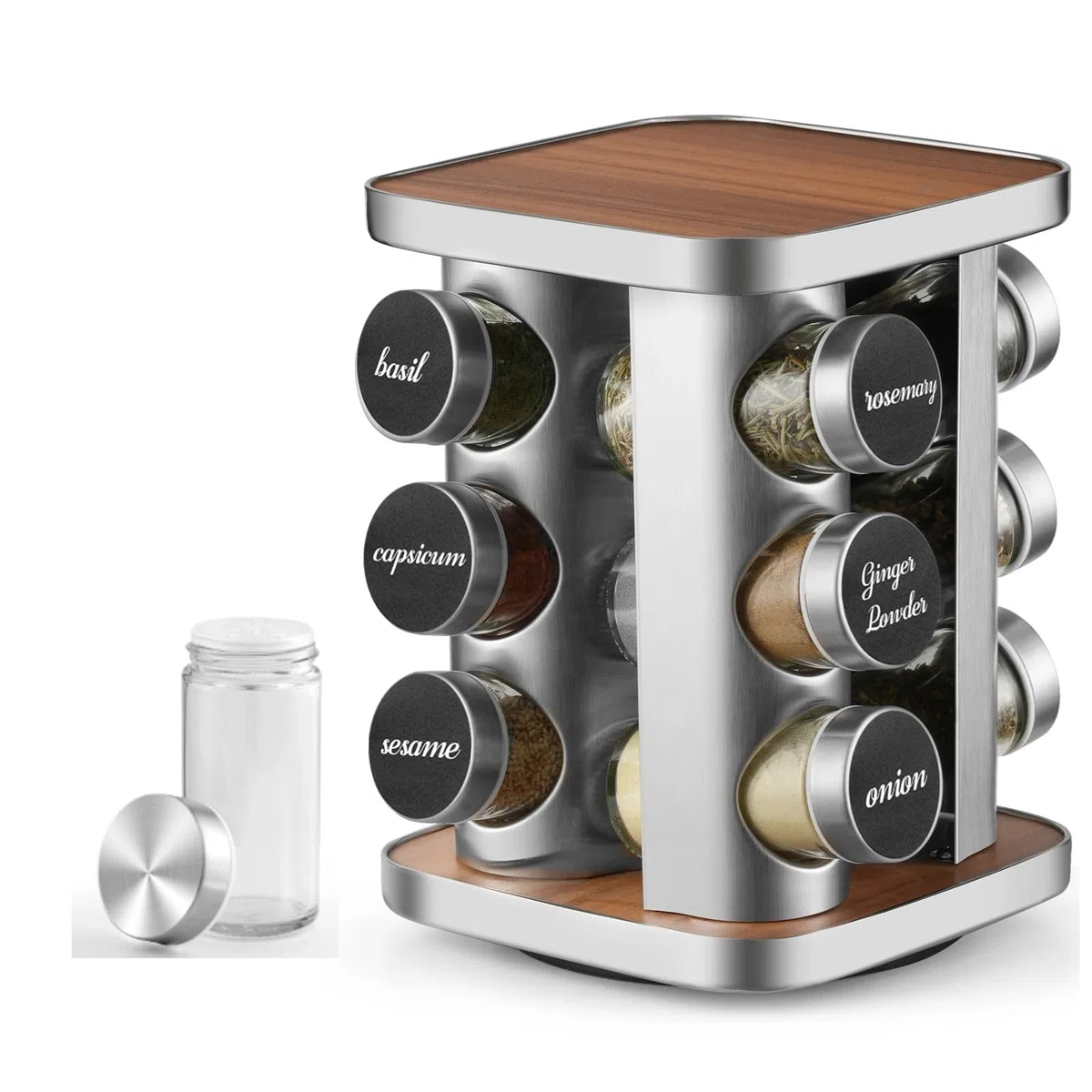 FRIBERG Especiero,360° Especiero Giratorio, Con 12 Botes Especias de 100 Ml, Especieros Para Cocina,Con Embudo, Etiqueta, Bolígrafo Y Cepillo de Limpieza.