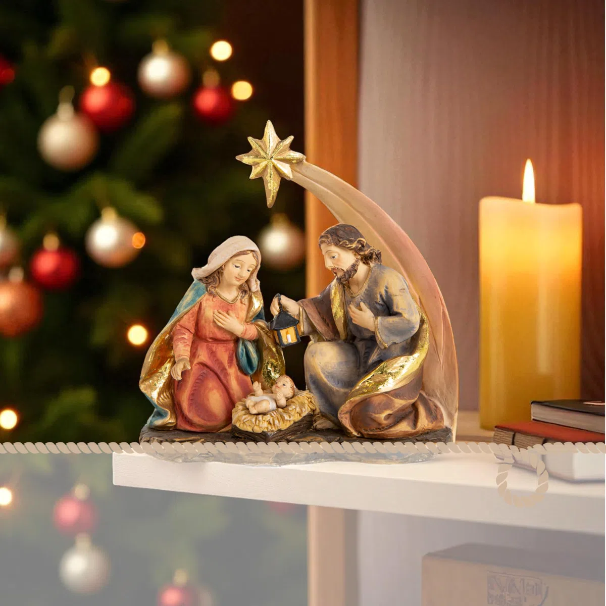 Logbuch-Verlag Belén pequeño, 12 x 11,5 cm: decoración navideña con Sagrada Familia, Pesebre Navidad de Resina, Figuras religiosas Interiores, Adorno clásico para Mesa y hogar, símbolo Amor y Paz