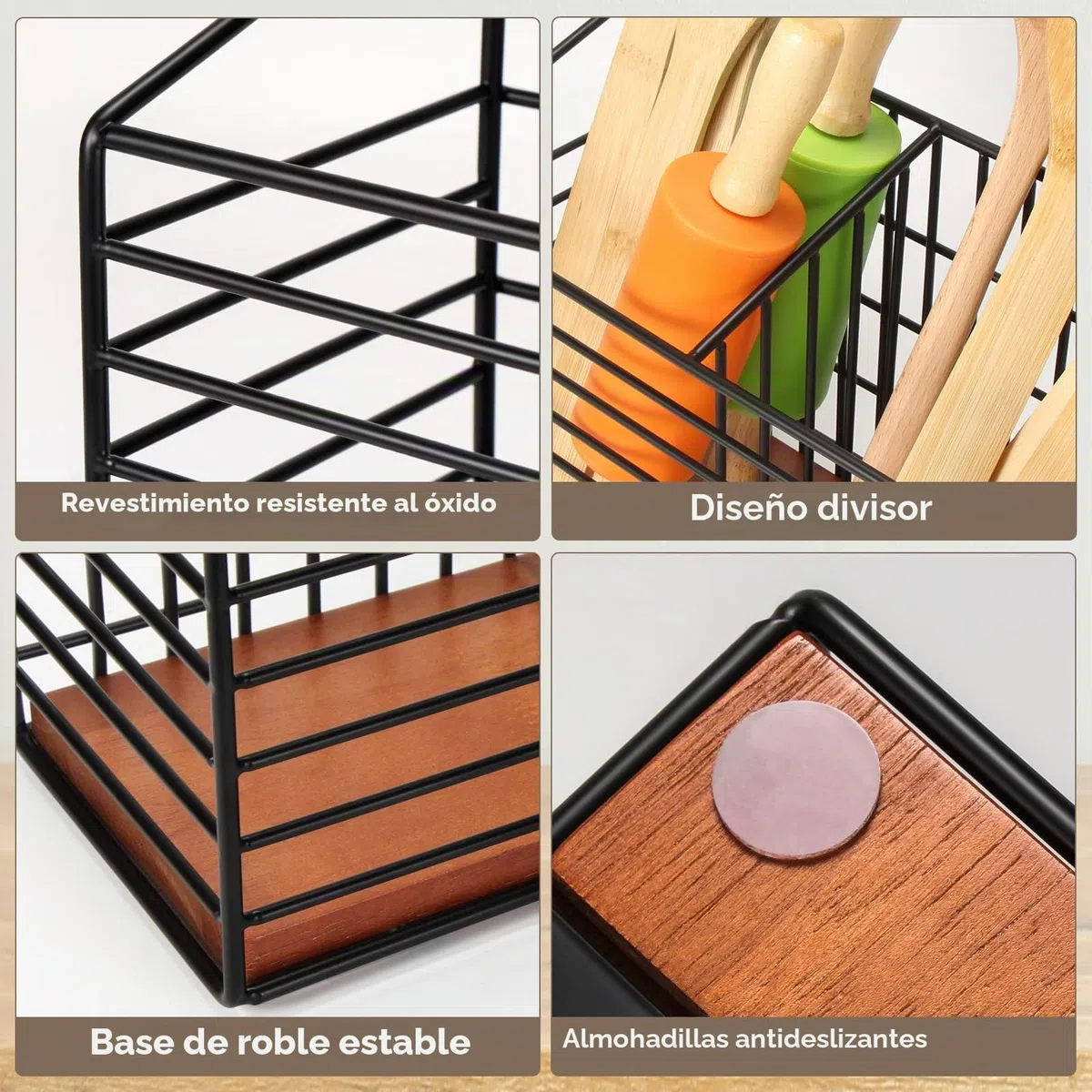 THYGIFTREE Soporte para utensilios para encimera de cocina, organizador de utensilios de cocina de metal negro con base de madera, utensilios de granja para encimera