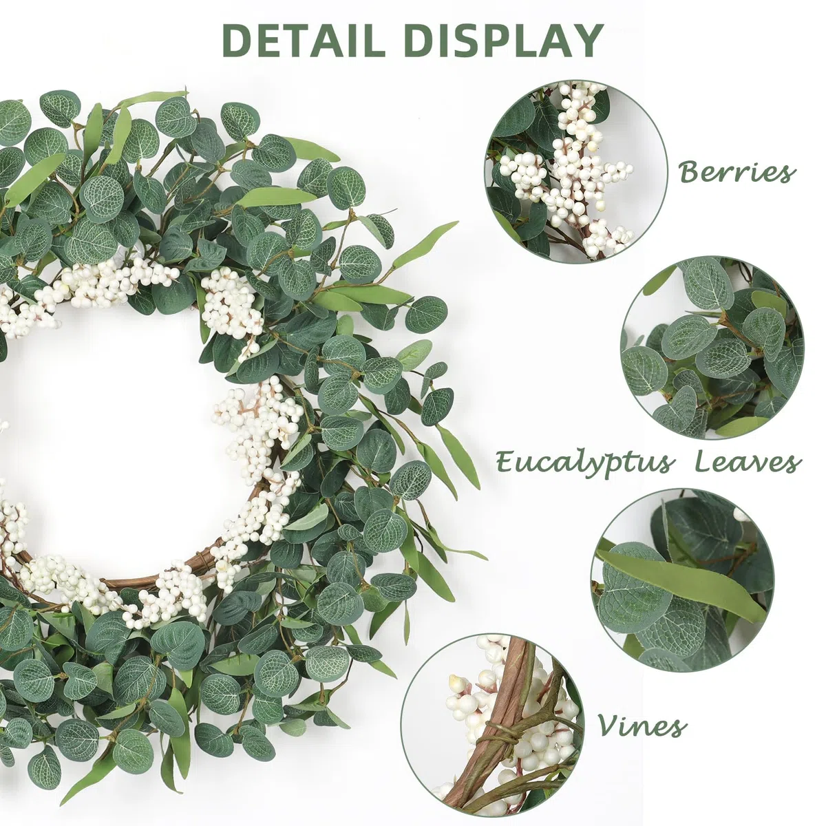 Betylifoy Corona Artificial para la Puerta Delantera Corona de Eucalipto 55 cm Gran Guirnaldas de Verano de Hojas Verdes para la Pared Ventana Porche Granja Patio Fiesta Decoración (Verde)