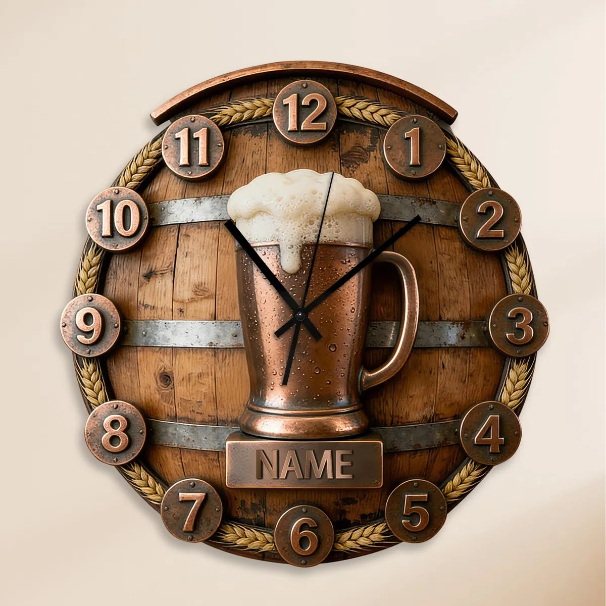 Reloj de pared personalizado con temática de cerveza para dormitorio, sala de estar, oficina, bar, club, nombre personalizado, Cheers, jarra de cerveza, arte de pared, impresión plana 2D, decoración