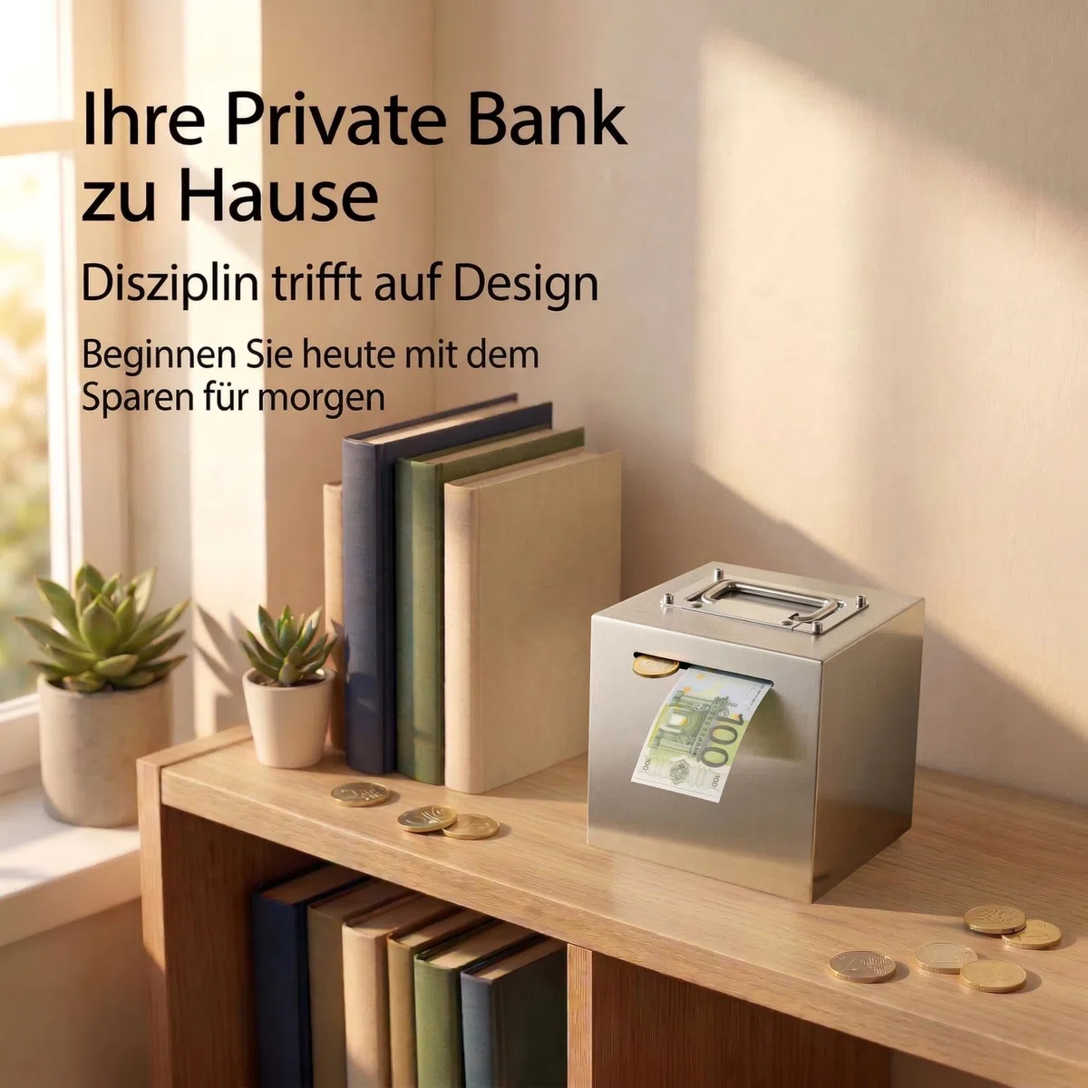 Hucha para Adultos de Acero Inoxidable,Safe Piggy Bank,Caja de Ahorros para Niños,Bank Box con Mango Difícil de Abrir,Caja de Ahorro de Monedas en Efectivo,(Plata 15x15x15cm)