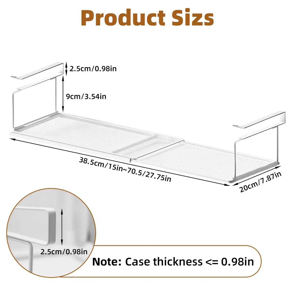 Ajustable Cesta Colgante para Debajo de la Estantería, Almacenaje de Cocina bajo Balda Estante de Metal para Colgar Debajo del Dscritorio 38.5-70 cm, para Armarios de Cocina (Blanco)