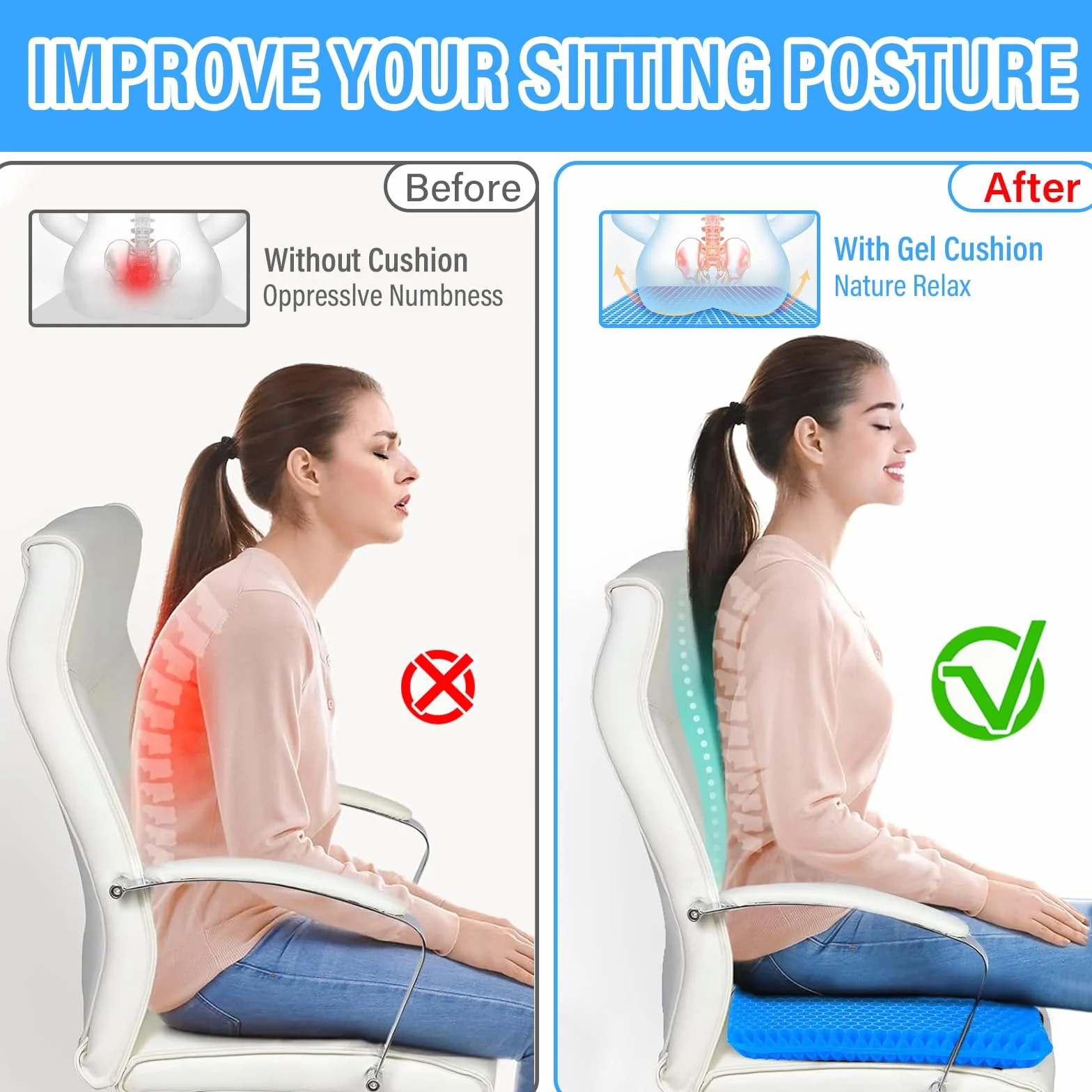 Cojin coxis Gel, Cojin antiescaras para Silla de Oficina Asiento para coxis ortopedico Apoyo Transpirable Cojin Ergonomico con Funda Antideslizante Cojín Postural para Coche, Oficina y Silla Ruedas