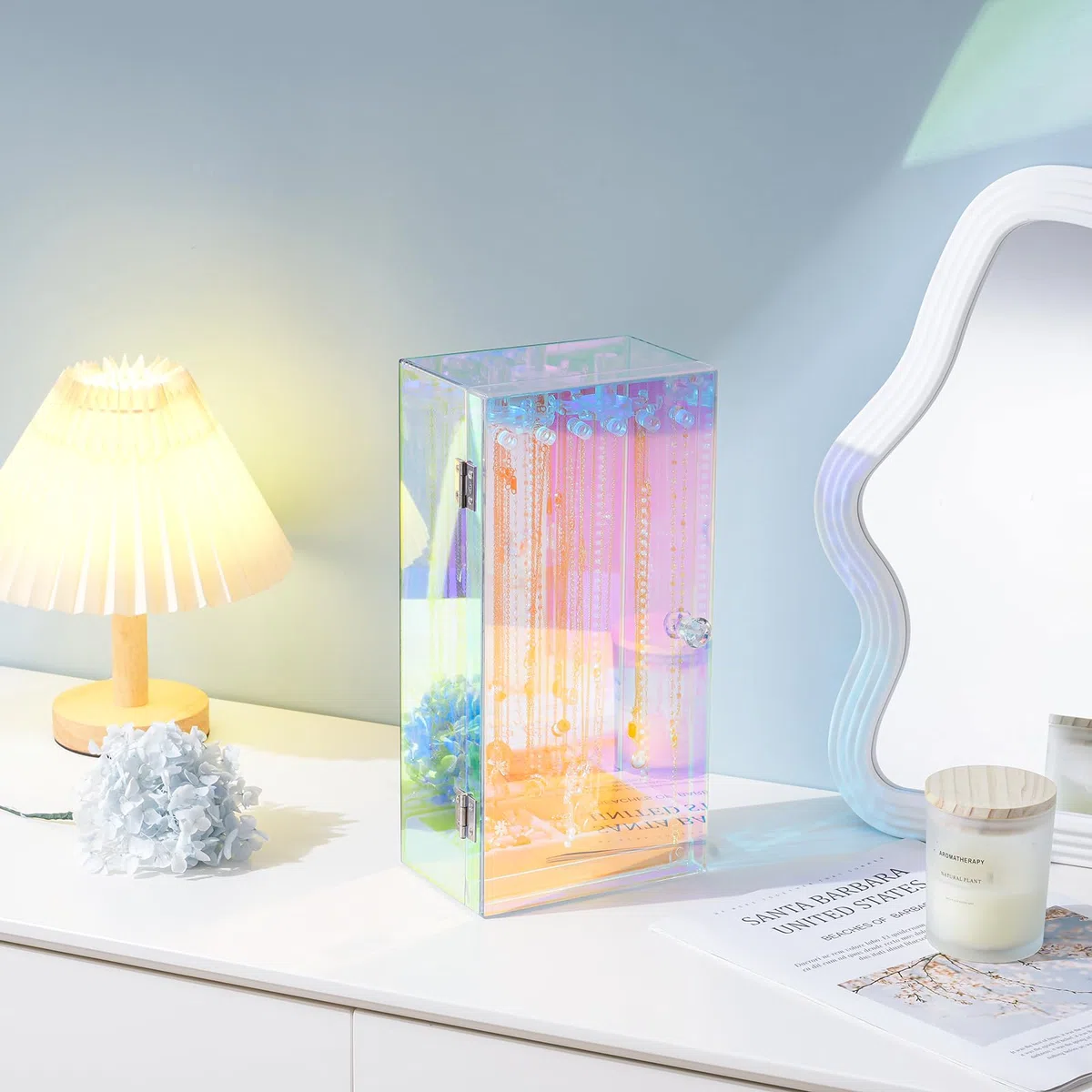 Lolalet Soporte Acrílico para Joyas, Caja Organizadora de Joyas Transparente Anti polvo con 24 Ganchos Estante para Almacenamiento para Collares con Bandeja de Terciopelo -Espejo Laser