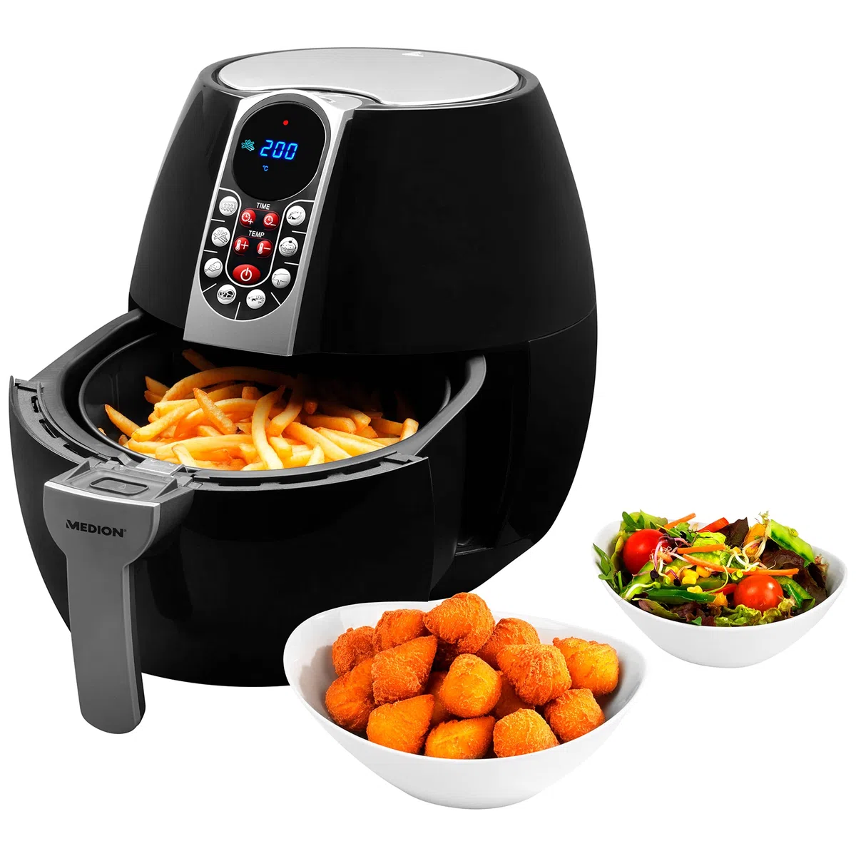 MEDION Air Fryer E10 S (Freidora sin aceite de aire caliente, 4 L, 1500 W, 8 programas automáticos, regulación de temperatura y tiempo, pequeño y fácil de usar, MD17320) negro