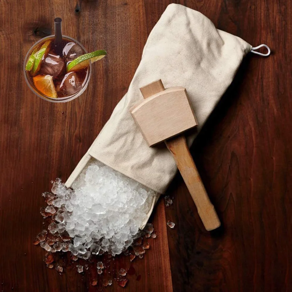 Lewis Bag and Manueller Eisbrecherhammer,Wiederverwendbarer Crushed Ice Bag aus Baumwolle mit Holzzubehör Bar Kitchen Accessory Kit für Crushes Ice Dried Ice. (2 pcs)