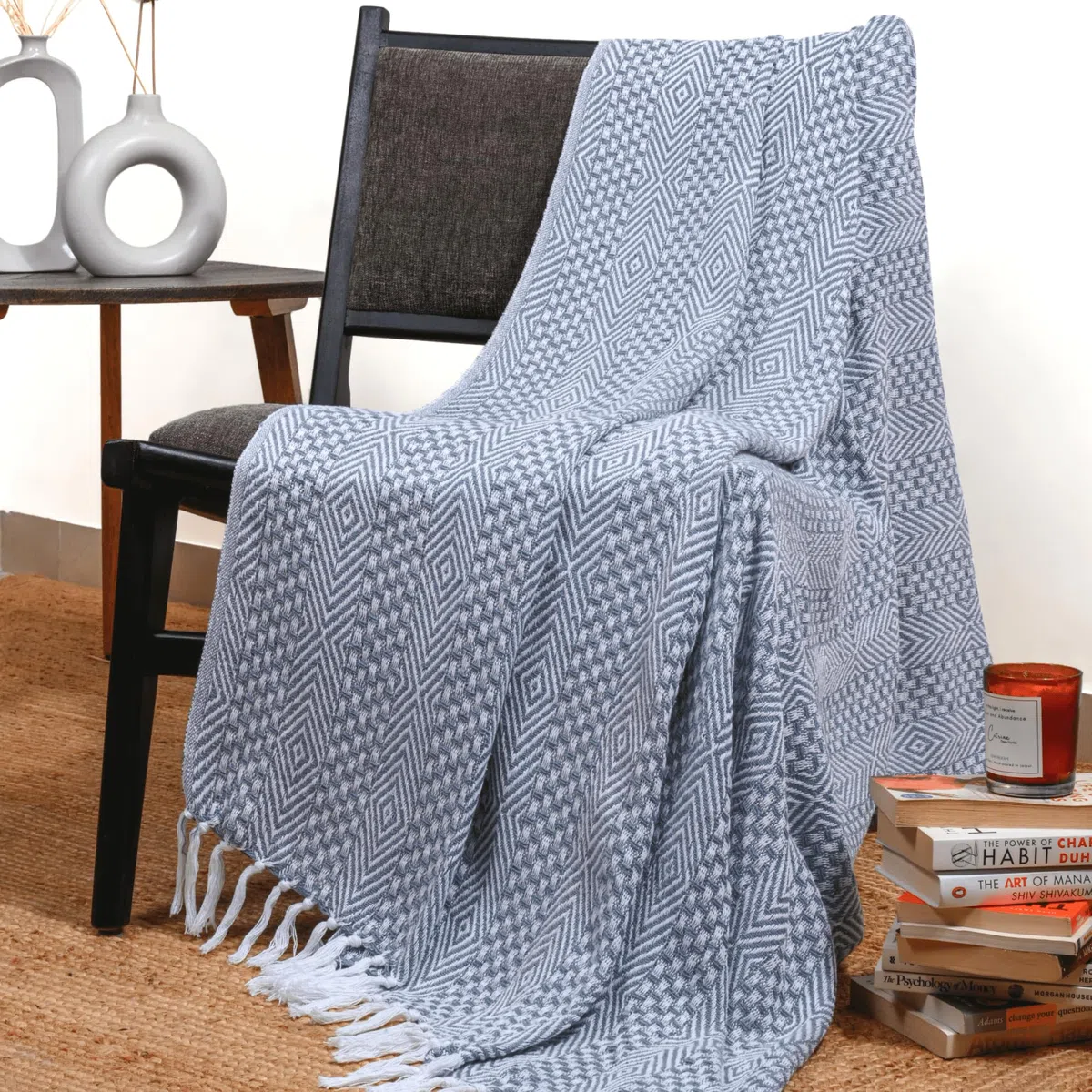 RAJRANG BRINGING RAJASTHAN TO YOU Manta de Lanzamiento Azul Polvoriento - Lanzamientos Decorativos de Sala de Estar Suaves y cálidos para el sofá y el sofá - 60 x 50 Pulgadas