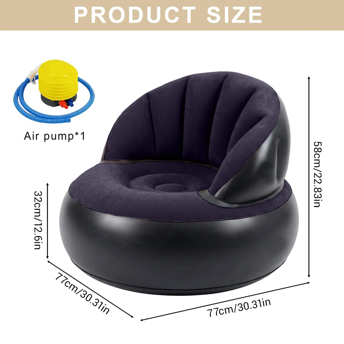 Sillón hinchable con bomba, sillón de aire plegable para interior y exterior, cómodo sofá hinchable para adultos y niños, puf portátil de repuesto para salón, camping, balcón (azul oscuro)
