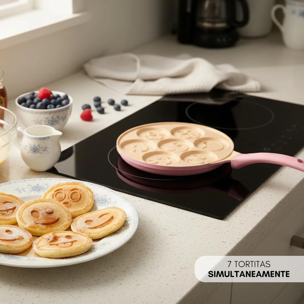 Erreke Sartén Antiadherente para Tortitas, Diseño Caritas, Inducción | Frigideira Panquecas. Doble Capa. Mango Tacto Suave. 7 Tortitas o Crepes. Para Toda la Familia. Desayunos Divertidos
