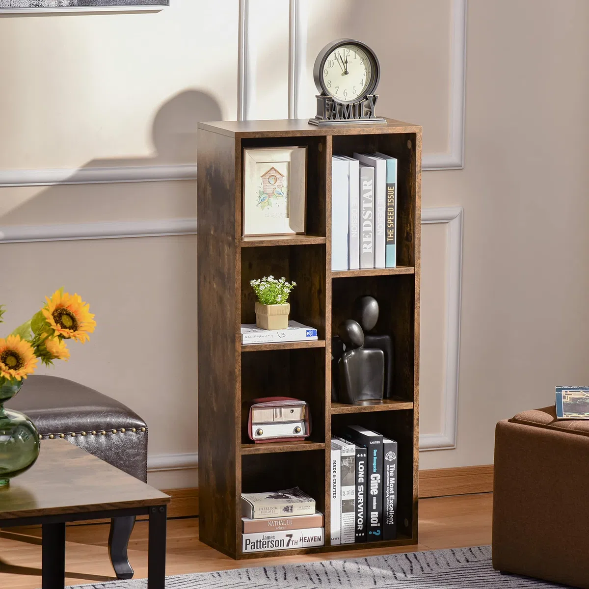 HOMCOM Estantería para Libros Librería de Madera con 7 Compartimentos de Almacenaje Plantas Archivos para Sala de Estar Dormitorio Oficina 50x24x106 cm Marrón Rústico