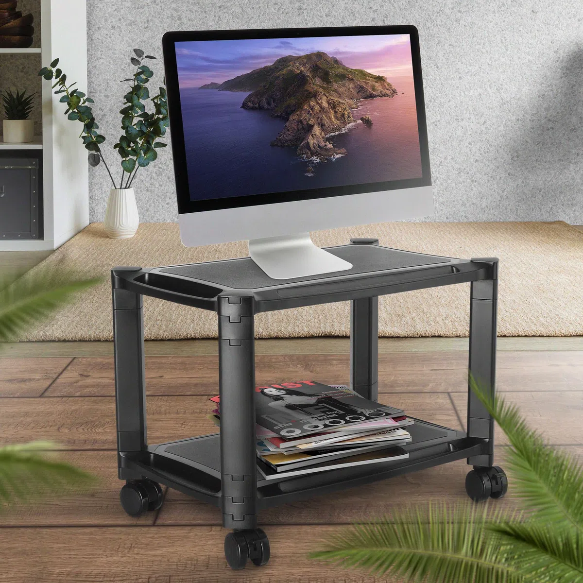 RICOO Multi-Almacenaje PC Soporte Impresora Escritorio Pedestal Mesa 2 Niveles pies rodantes WM4-L gabinete Ordenador portátil Tableta Altura Ajustable Tableta táctil Ruedas Ajustables/plástico