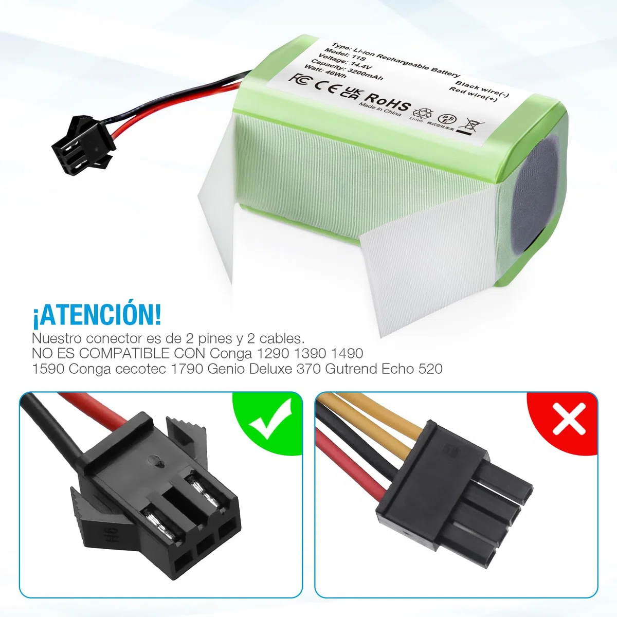 Powerextra Batería de Repuesto 14.4v 3200mAh Compatible con Conga Excellence 990 950 1090 Deebot N79S DN622 Eufy RoboVac 11 11S 11S MAX 30 15C 15T 12 35C IKOHS NETBOT S14 S15