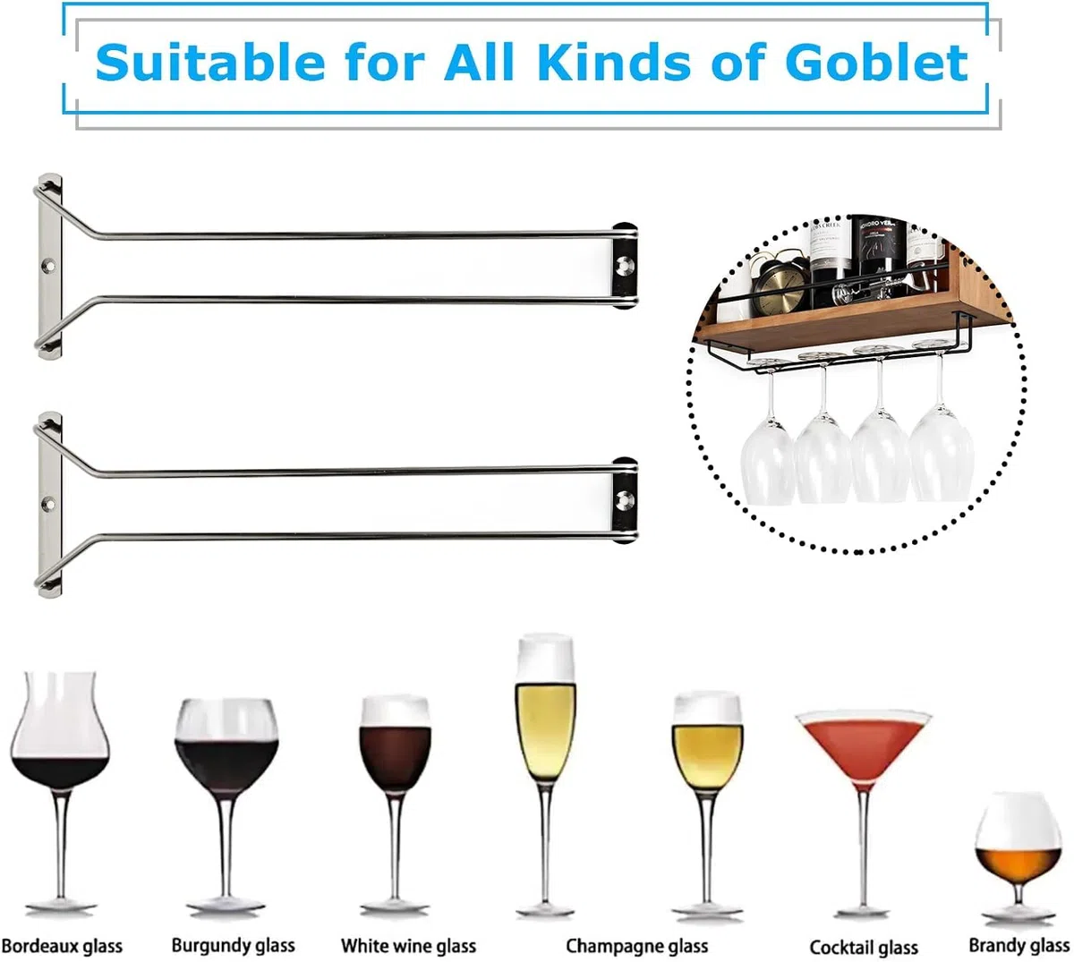 Soporte para Copas de Vino Colgante, 4 Piezas, 35x11 cm, Cuelga Copas de Vino, Colgador Copas Vino, Soporte para Copas Bar con Tornillos, para Bar y Cocina