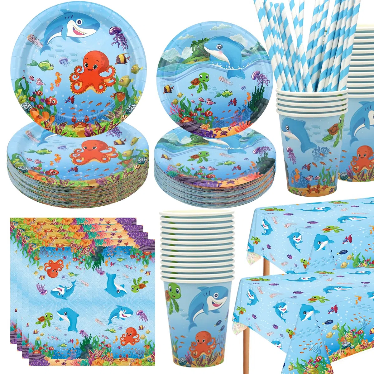 Suministros para fiestas temáticas bajo el mar - Vajilla para fiestas Ocean Sea - Platos llanos Postres Platos Vasos Servilletas Mantel Pajitas, sirve 40