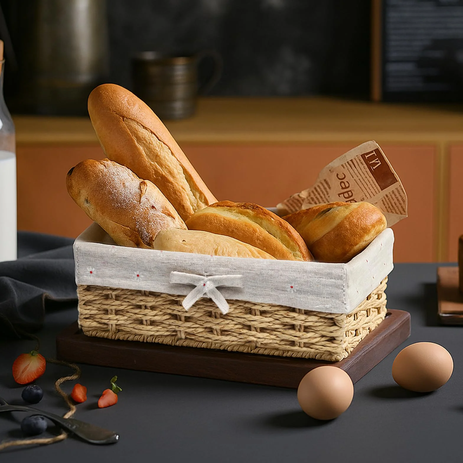 APOMOONS 2 Piezas Cestas para Pan con Forro, 2 Tamaños Cesta Almacenaje Mimbre Fabricadas con Cuerda de Papel, Cesta Mimbre para Pan Pasteles Postres Desayuno, Caqui