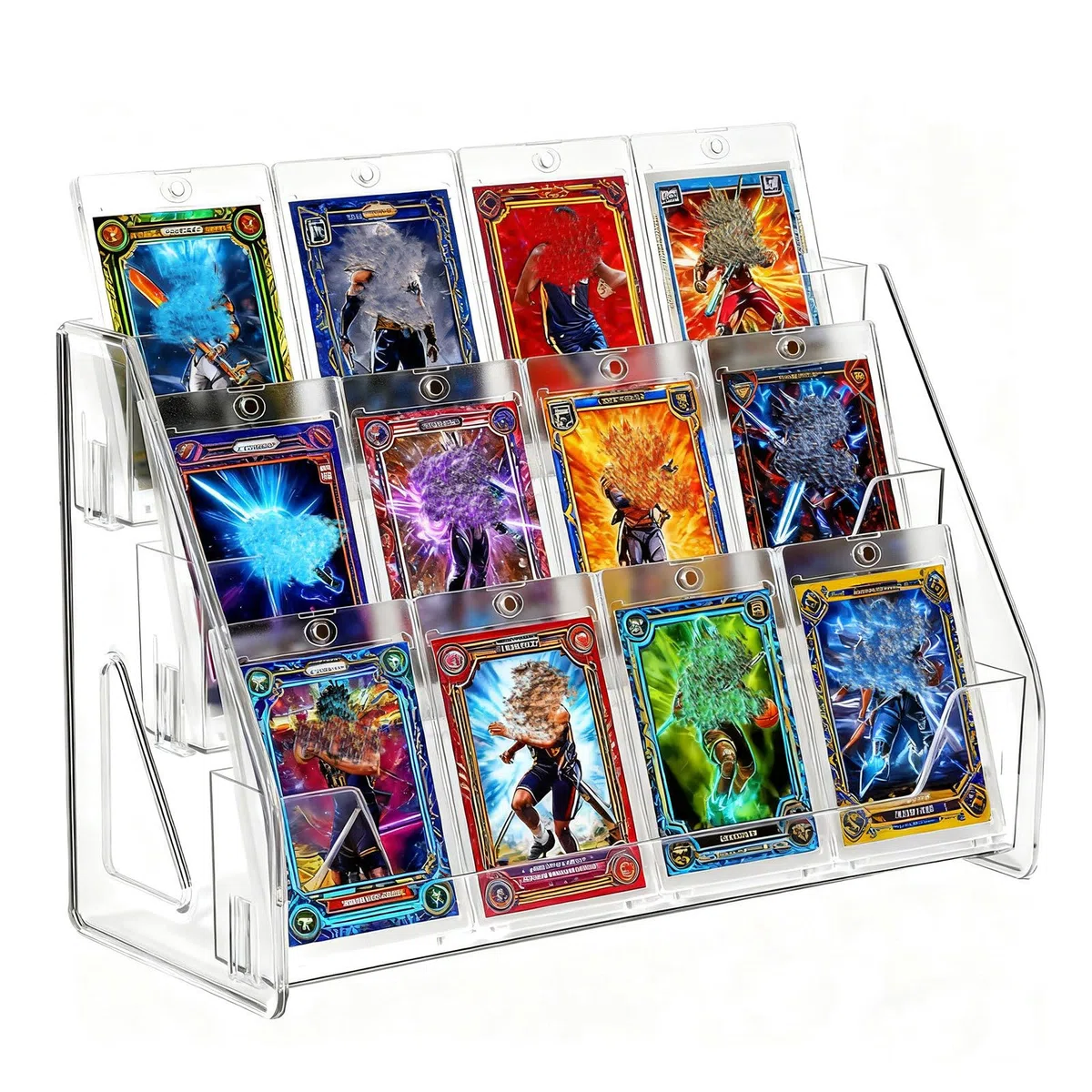 Oncpcare Soporte de exhibición transparente de 3 niveles para tarjetas coleccionables – Estante vertical de PET para cargadores superiores, soportes magnéticos, losas de tarjetas coleccionables y