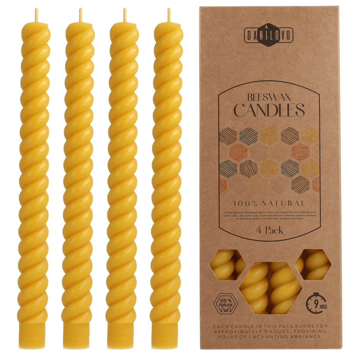 Danilovo Velas de Cera de Abeja Natural – Pack de Velas Cónicas, 4 Unidades – Velas de Cera Natural Sostenible - Velas de Larga Duración con Aroma a Miel – Velas de Candelabro para un Hogar Acogedor