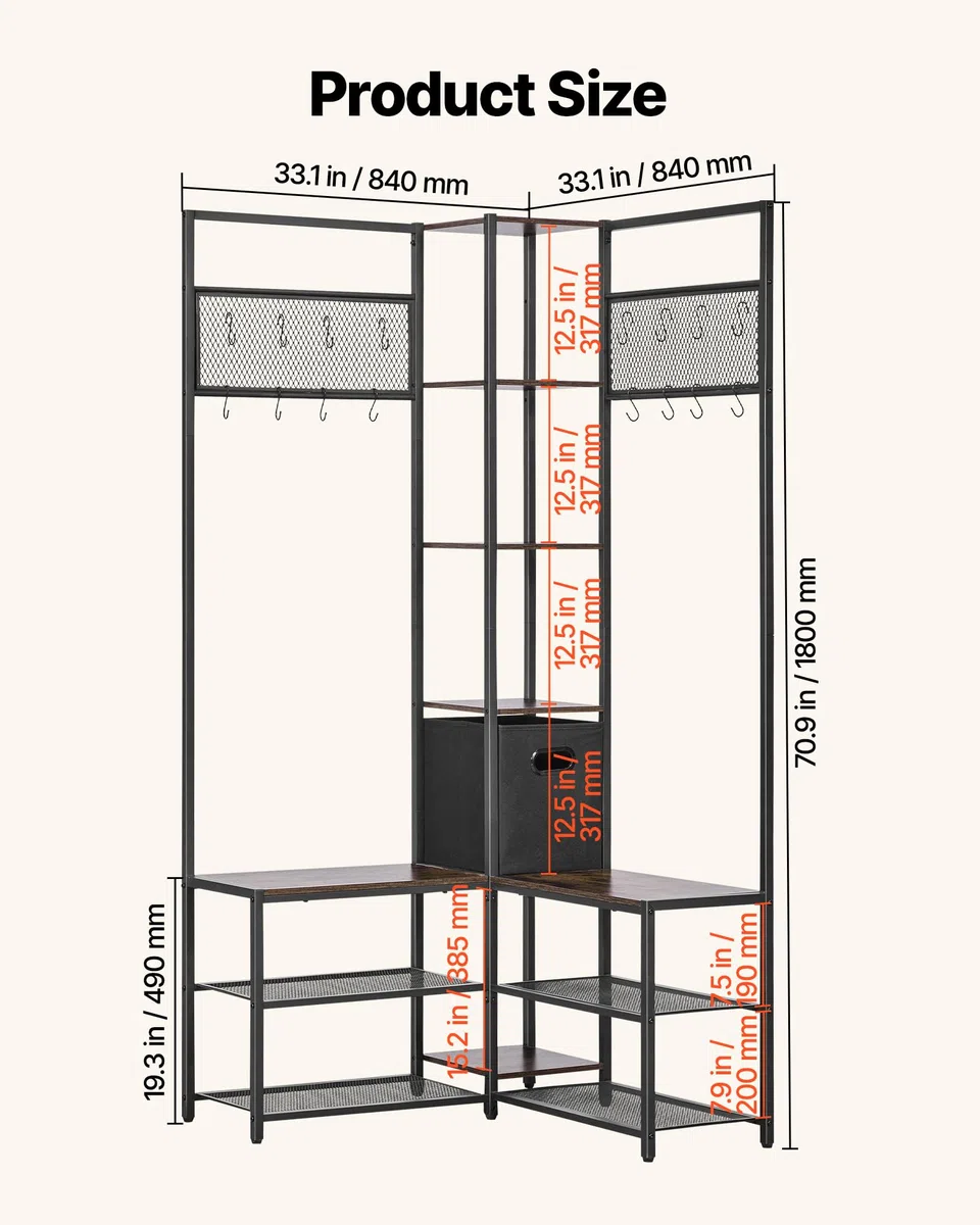 VEVOR Perchero de Esquina 180 cm, Organizador de Ropa con Ganchos Banco Zapatero y Estantes para Abrigos Bolsos Calzado, Armario Abierto para Entrada Pasillos Dormitorio Salón, Marrón Rústico y Negro