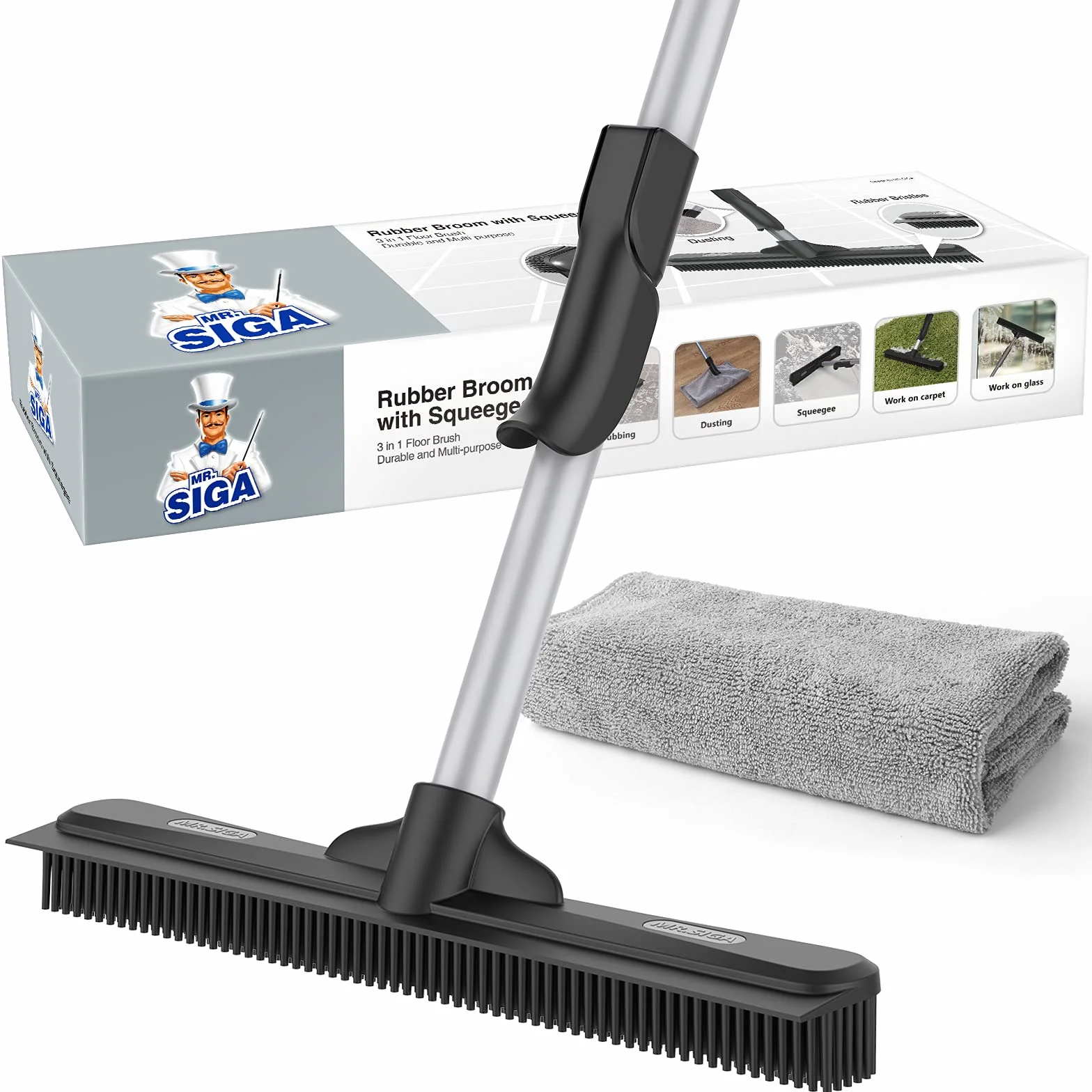 MR.SIGA Escoba de Goma, Escoba con Cerdas de Caucho Natural para Pelo Humano y de Mascotas Uso en Interior y Exterior. Limpia Alfombras, Suelos de Madera, Cubiertas y Ventanas