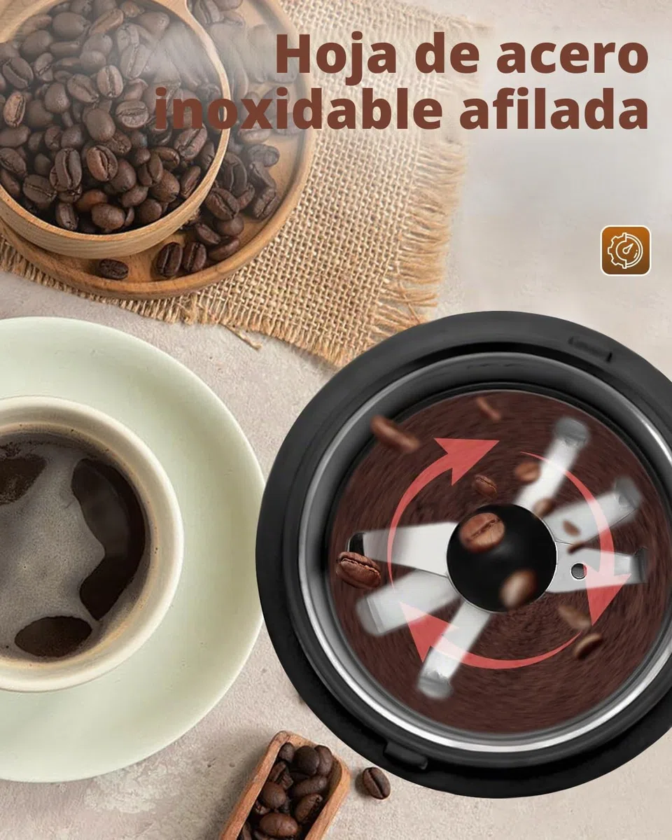 Molino de Café Eléctrico de Acero Inoxidable, 150W 22000 RPM Alta Velocidad, Capacidad 50g, Molinillo Compacto para Granos de Café, Nueces, Especias y Semillas (9.7x9.7x17.8cm)